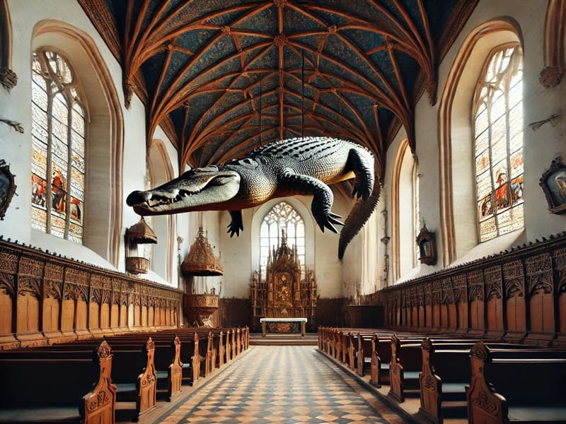 Unique Church with a 500-Year-Old Crocodile Hanging from the Ceiling